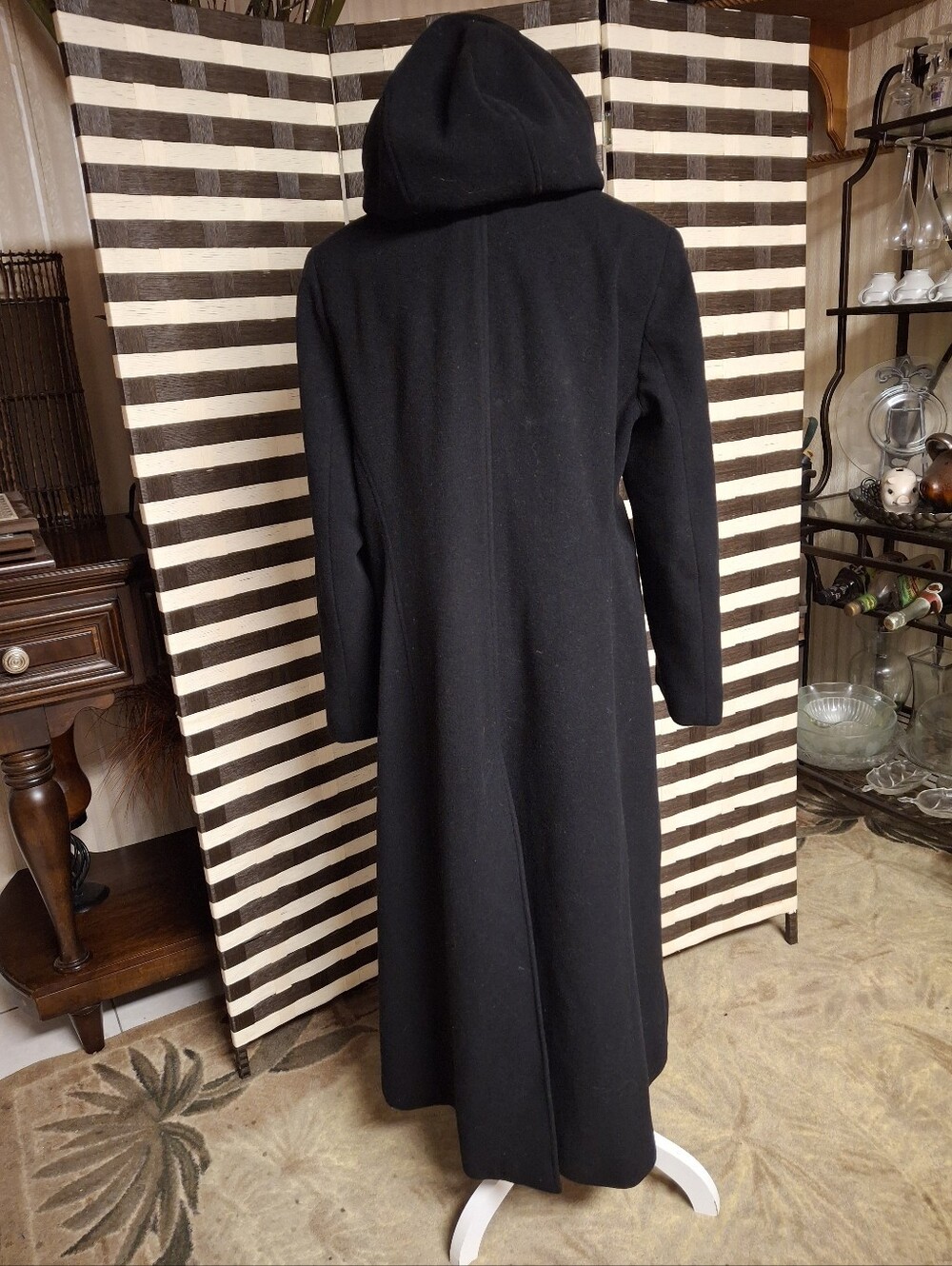 Anne Klein Black Hooded Double-Breasted 100% Wool Long Coat Women Size 16 - Picture 6 of 16
